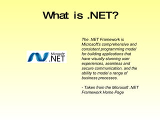 What is .NET? The .NET Framework is Microsoft's comprehensive and consistent programming model for building applications t...
